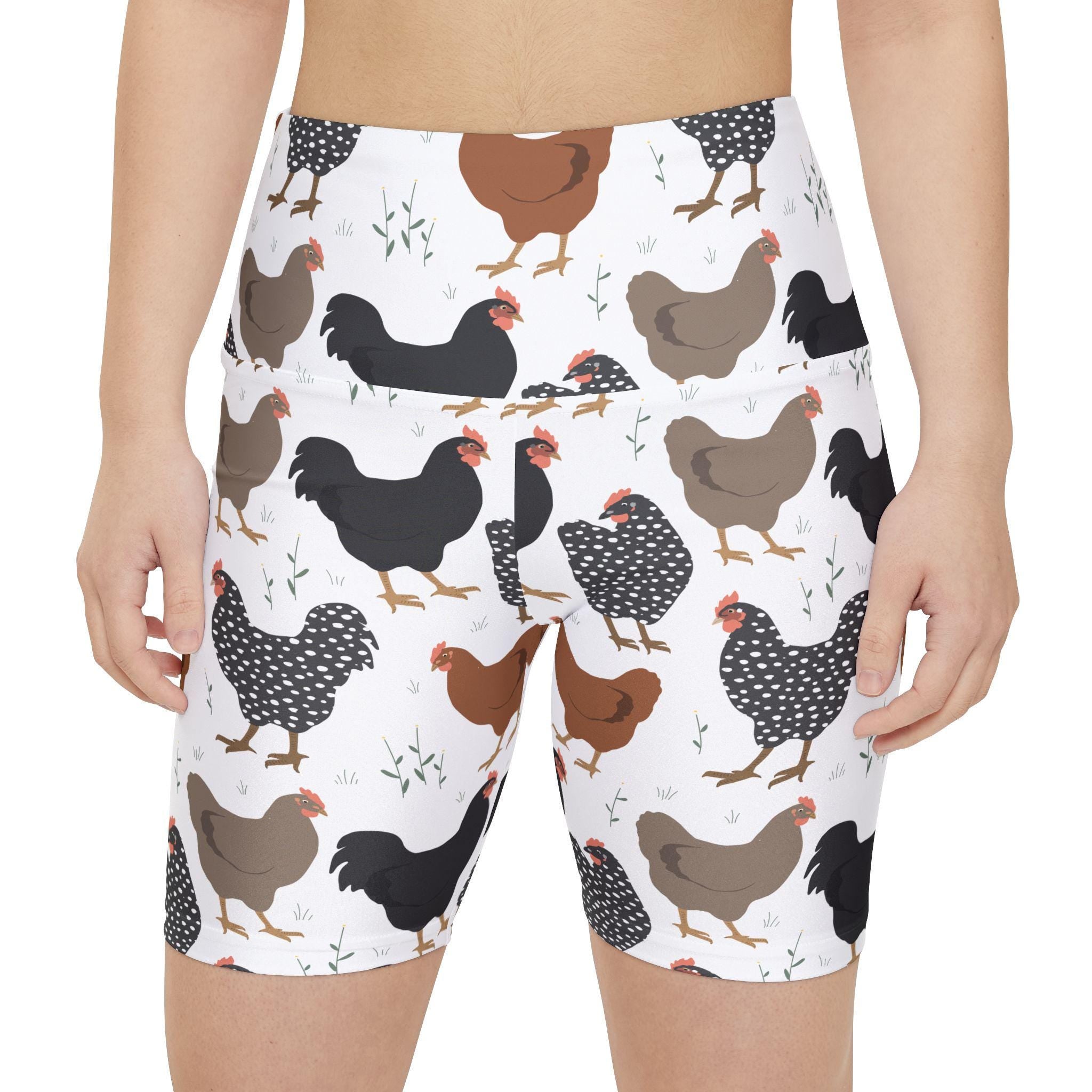 Chicken Print Womens Biker Shorts, Farm Workout Shorts, Chicken Lover Gift