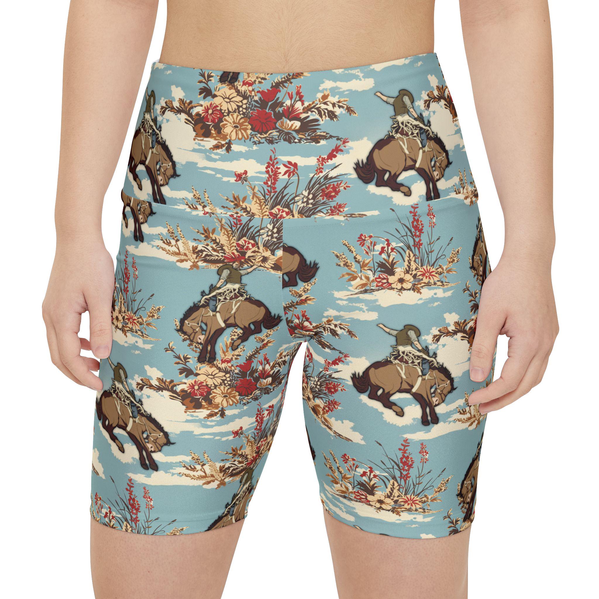 Turquoise Blue Cowboy Print Womens Biker Shorts, Western Rodeo Workout Shorts