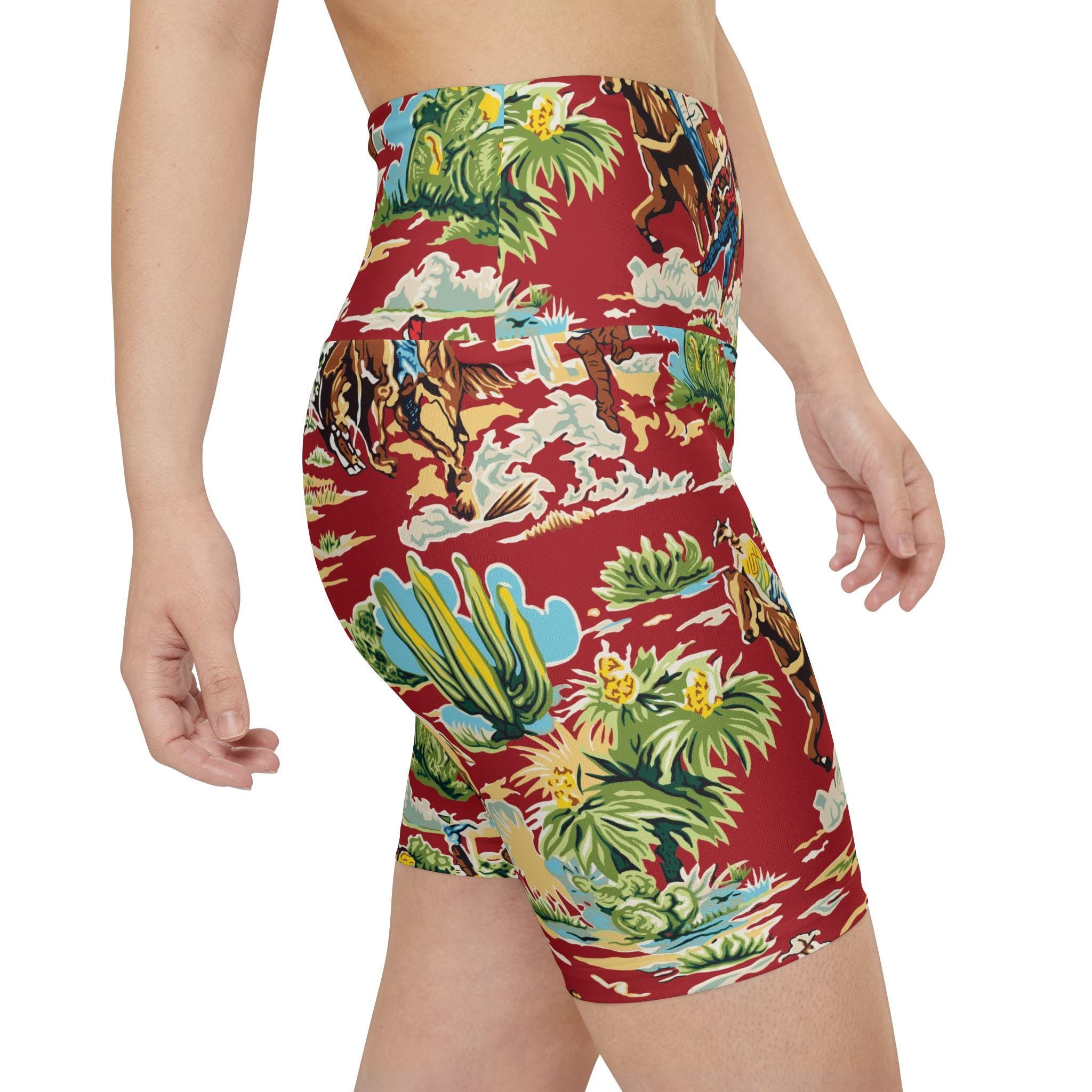 Red Cowboy Print Womens Biker Shorts, Western Rodeo Workout Shorts