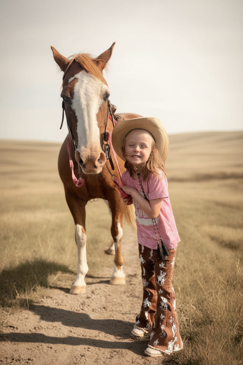 Brown Vintage Cowboy Bell Bottom Jeans featuring a vintage cowboy print, adjustable waistband, functioning pockets, and frayed bells. Styled with a matching Mama's Cowgirl T-shirt. Ideal for dressing up or down, perfect for little cowgirls."