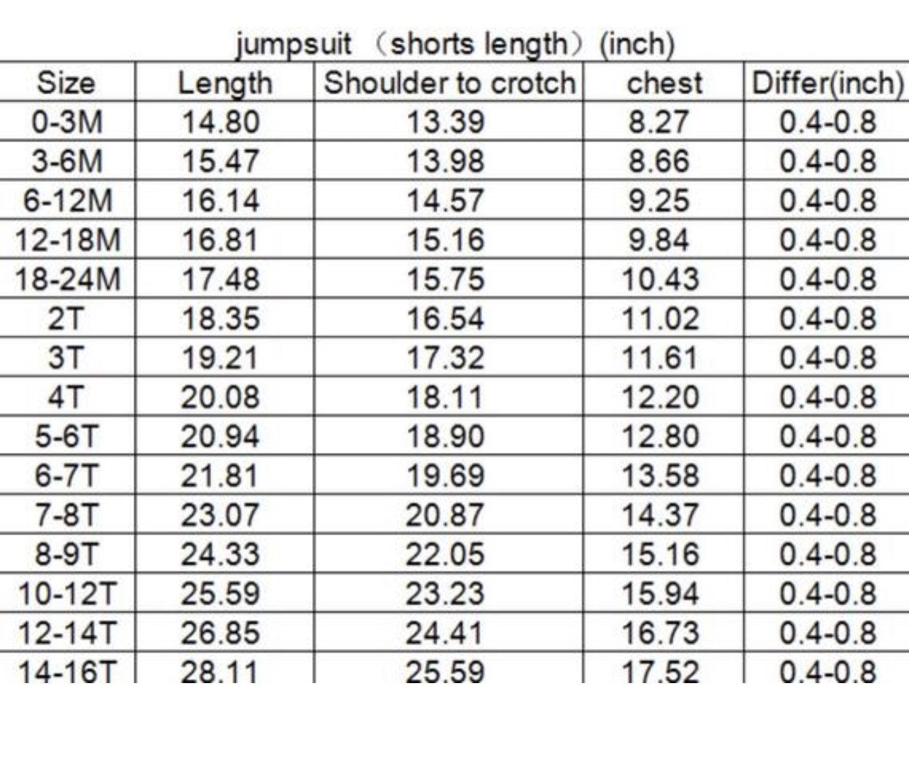 girls jumpsuit size chart