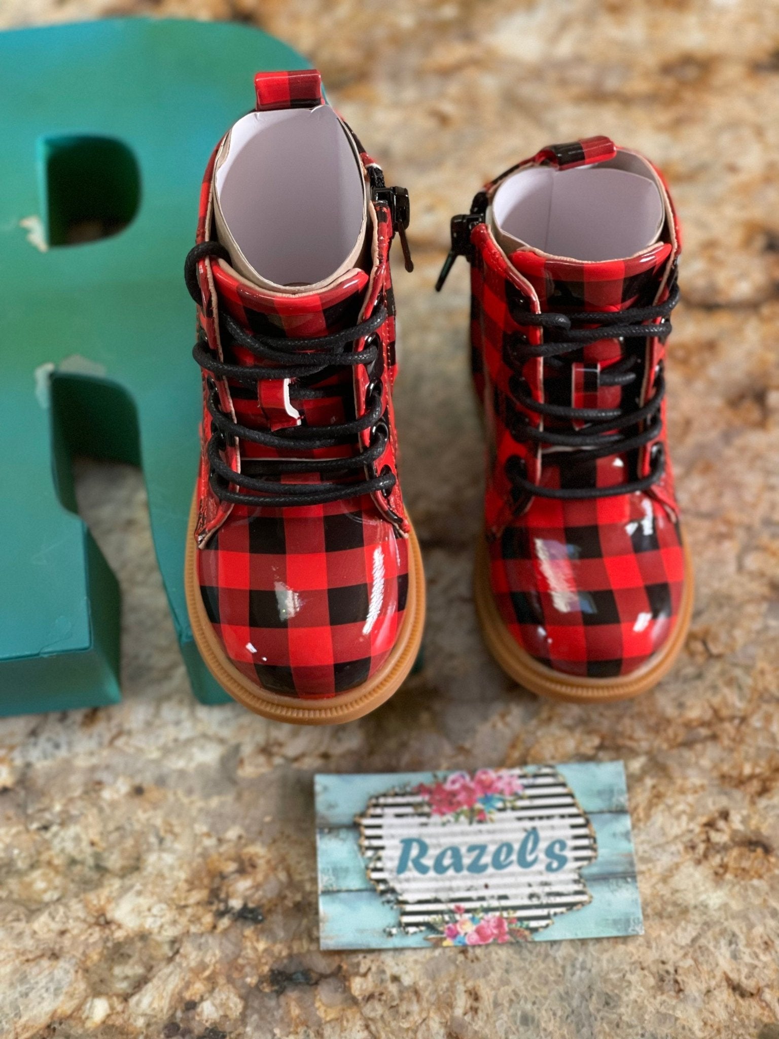 Kids' Christmas Buffalo Plaid Boots – Red and Black Checkered Holiday Shoes | Stylish Buffalo Check Boots for the Season - Razels