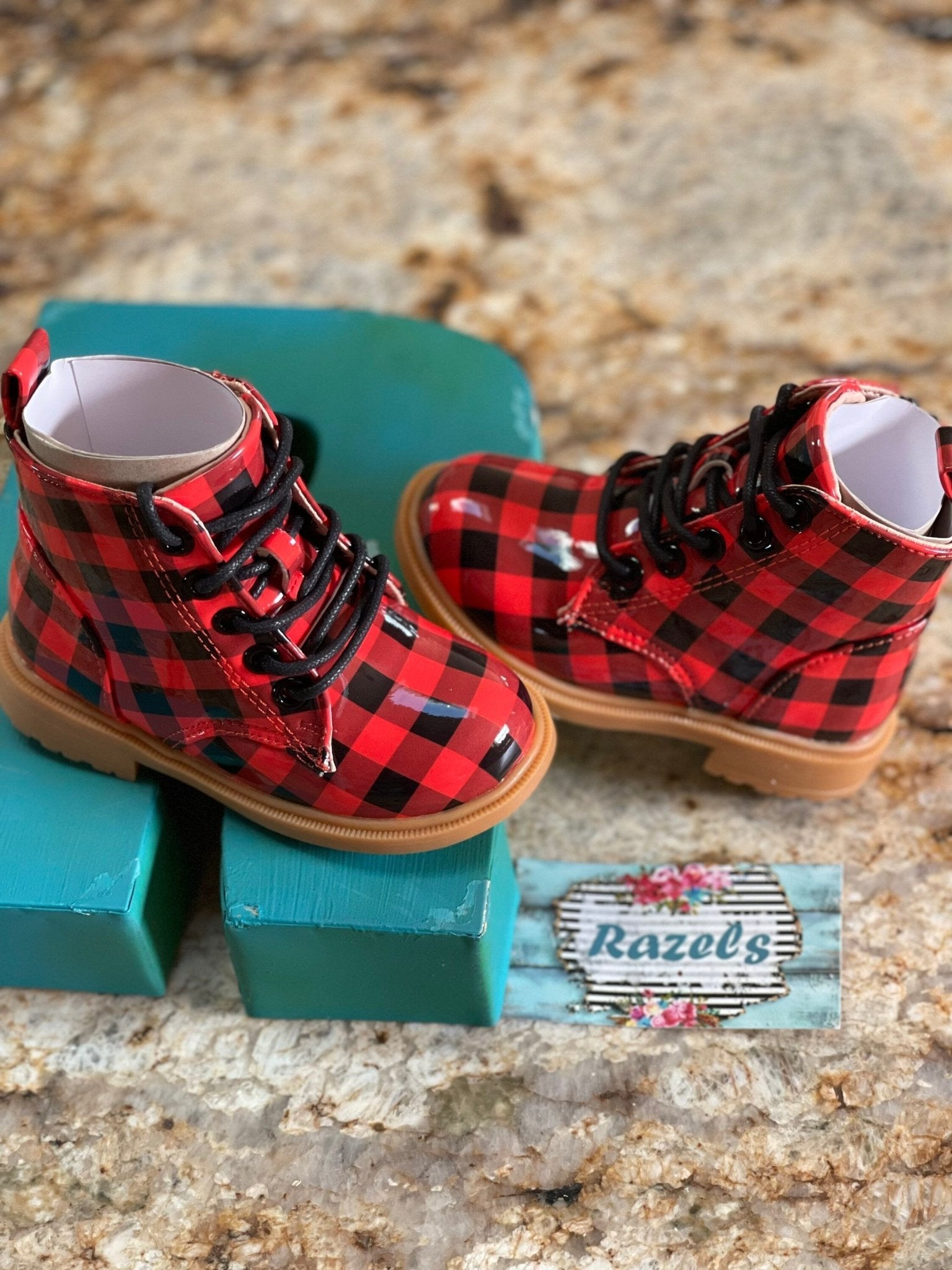 Kids' Christmas Buffalo Plaid Boots – Red and Black Checkered Holiday Shoes | Stylish Buffalo Check Boots for the Season - Razels