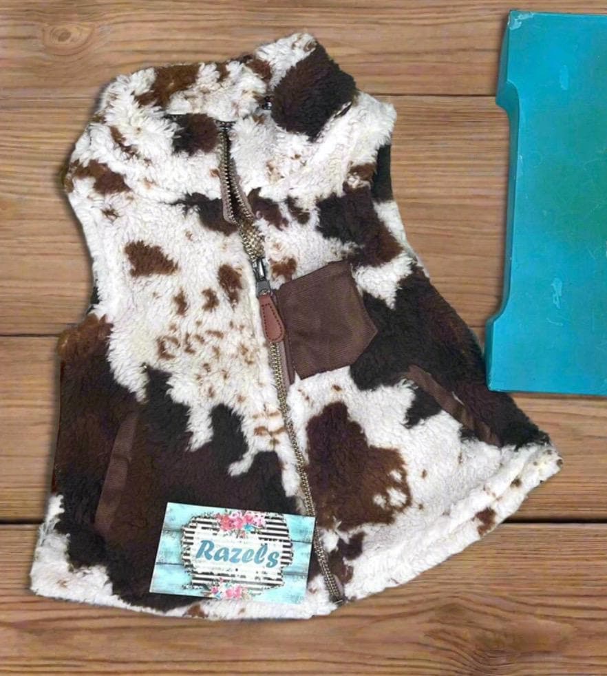 Kids COW Print SHERPA Vest, Cowhide Full Zip Vest - Razels