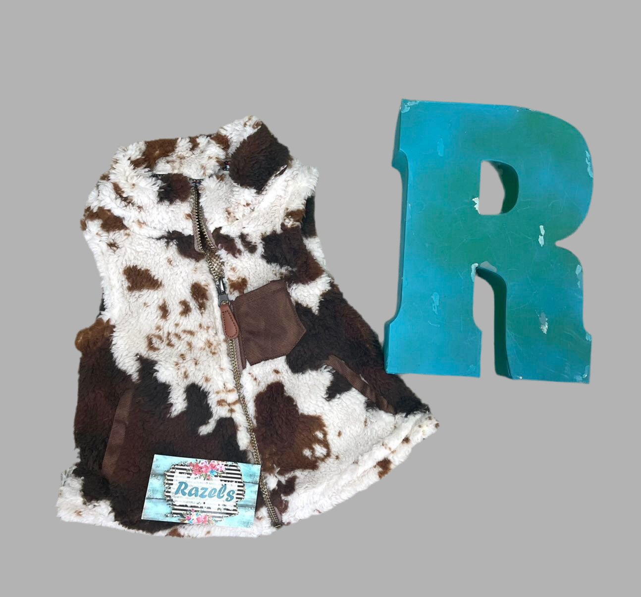 Kids COW Print SHERPA Vest, Cowhide Full Zip Vest - Razels