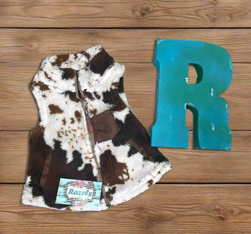 Kids COW Print SHERPA Vest, Cowhide Full Zip Vest - Razels