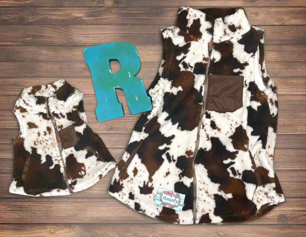 Kids COW Print SHERPA Vest, Cowhide Full Zip Vest - Razels