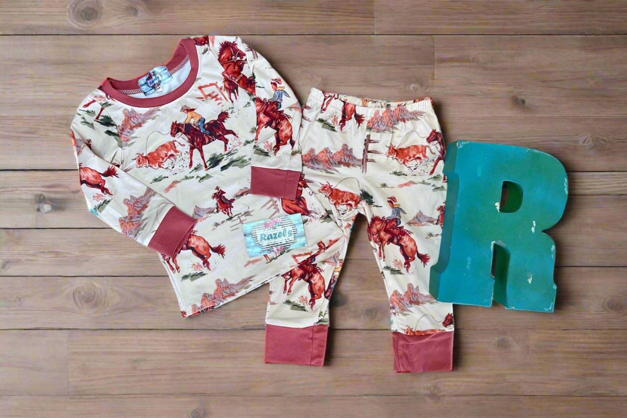 KIDS Cowboy Pajamas Matching Family Pajamas Vintage Retro Cowboy Vintage Cowboy Pants Shirt Classic Western Print Unisex - Razels