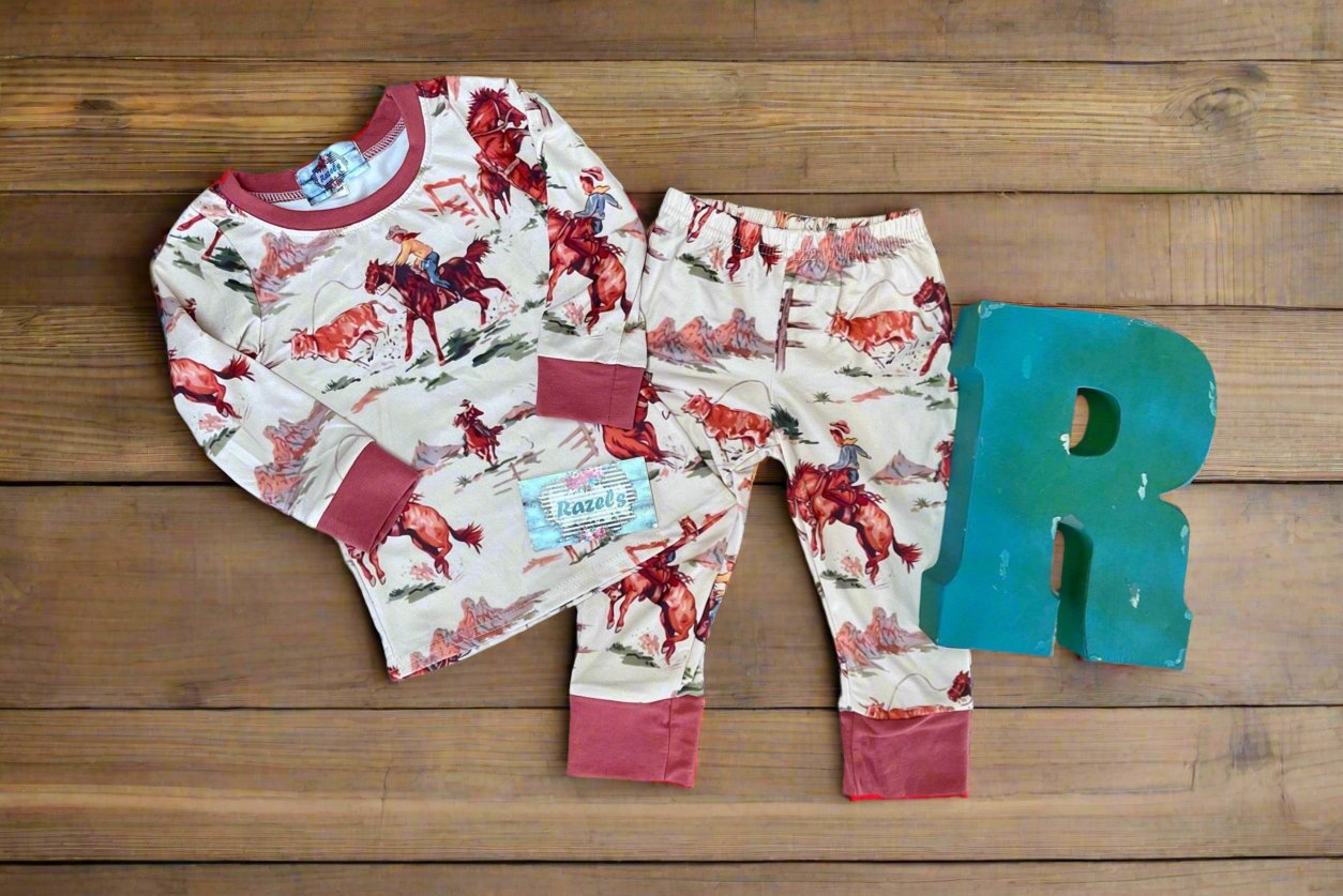 KIDS Cowboy Pajamas Matching Family Pajamas Vintage Retro Cowboy Vintage Cowboy Pants Shirt Classic Western Print Unisex - Razels