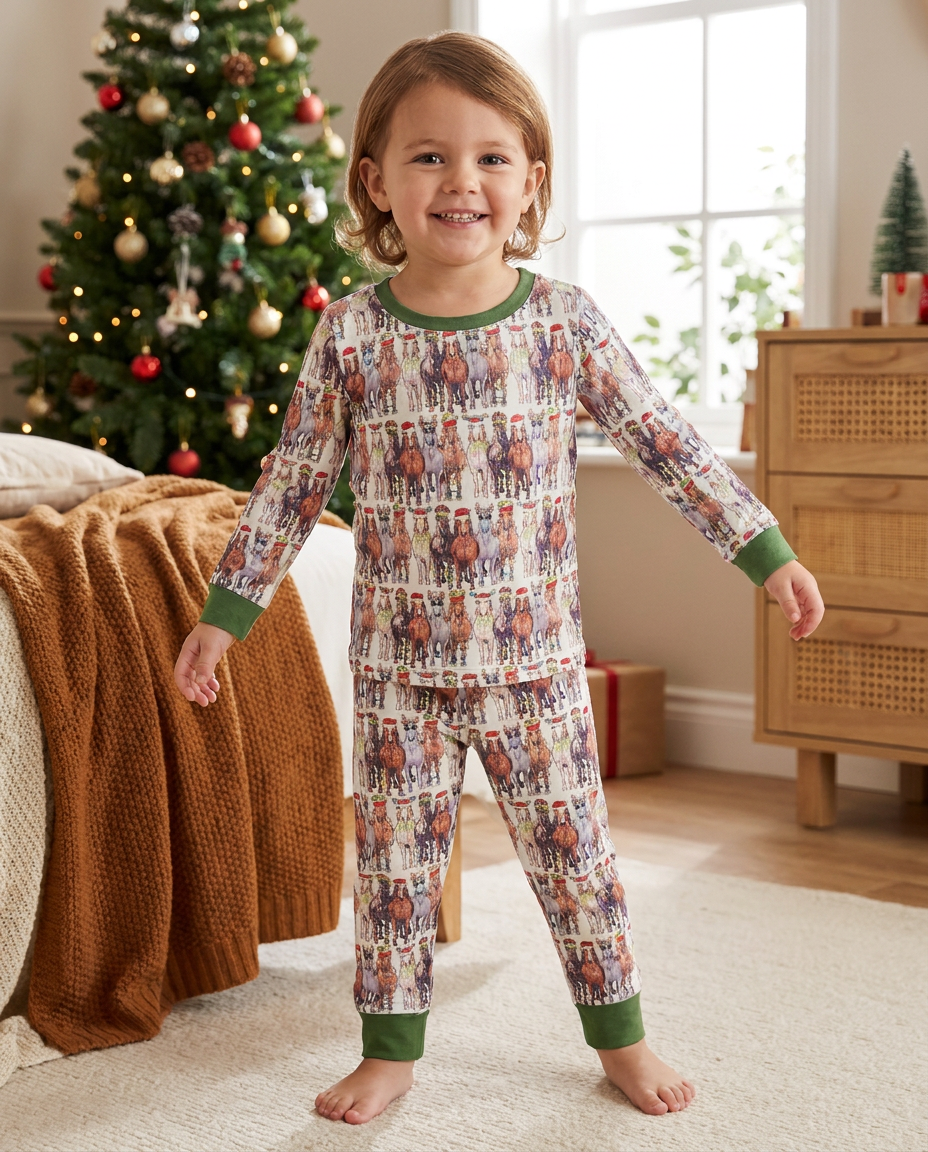 child standing in christmas decorated room wearing razels kids holiday horse pajamas