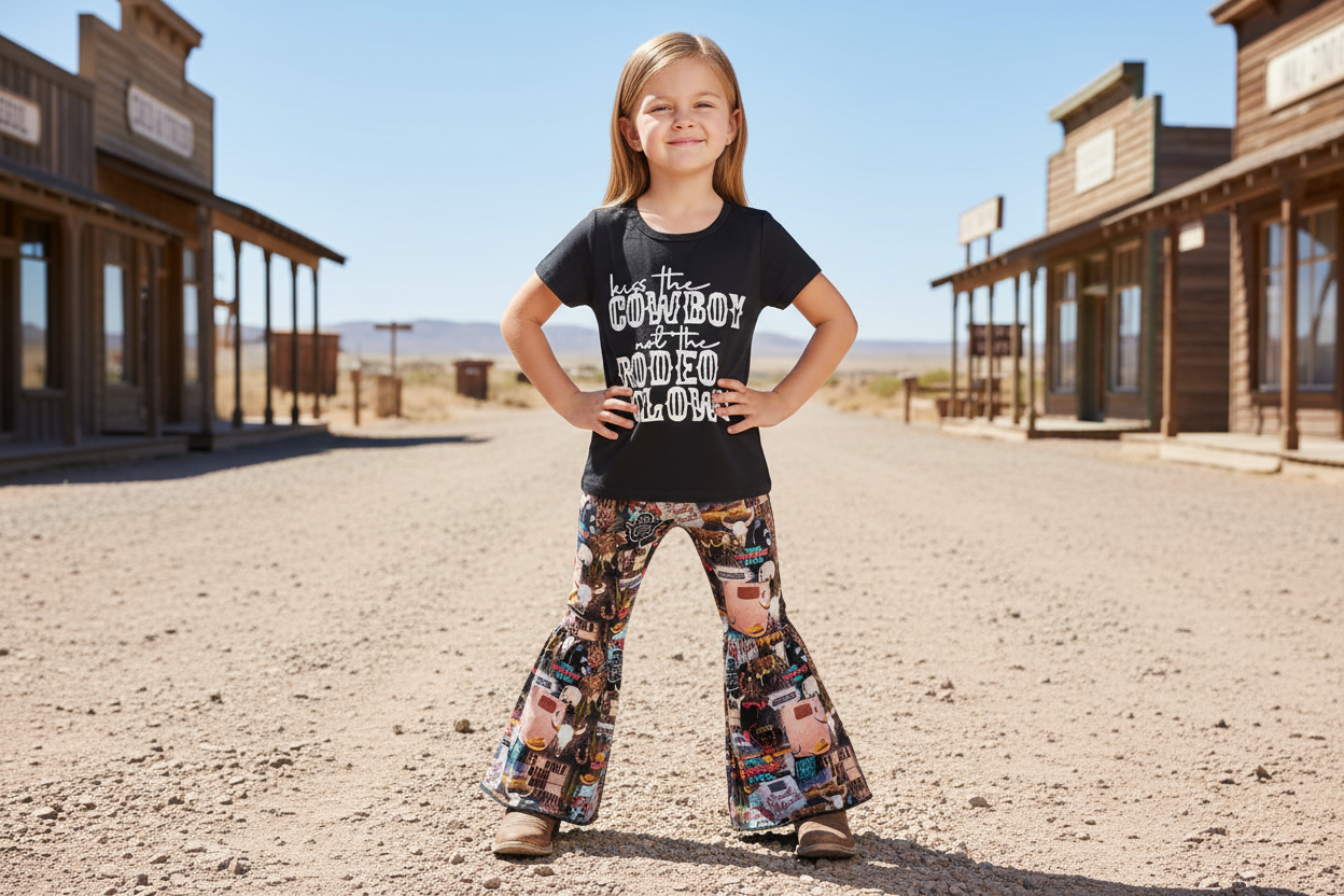 GIRL WEARING kiss the cowboy bell bottom outfit IN OLD WEST TOWN