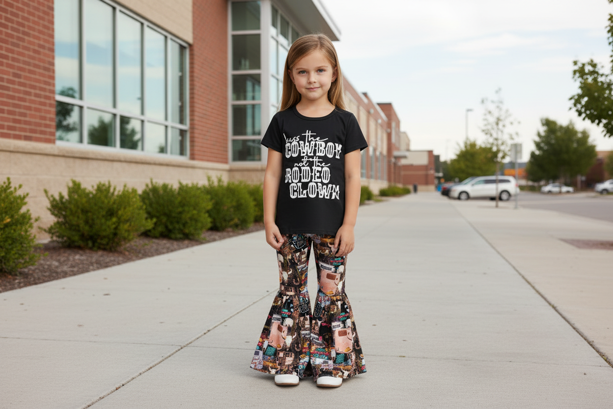 Girls Western Cowgirl Outfit, Rodeo Print Bell Bottoms, Sizes 6 month - 14\16