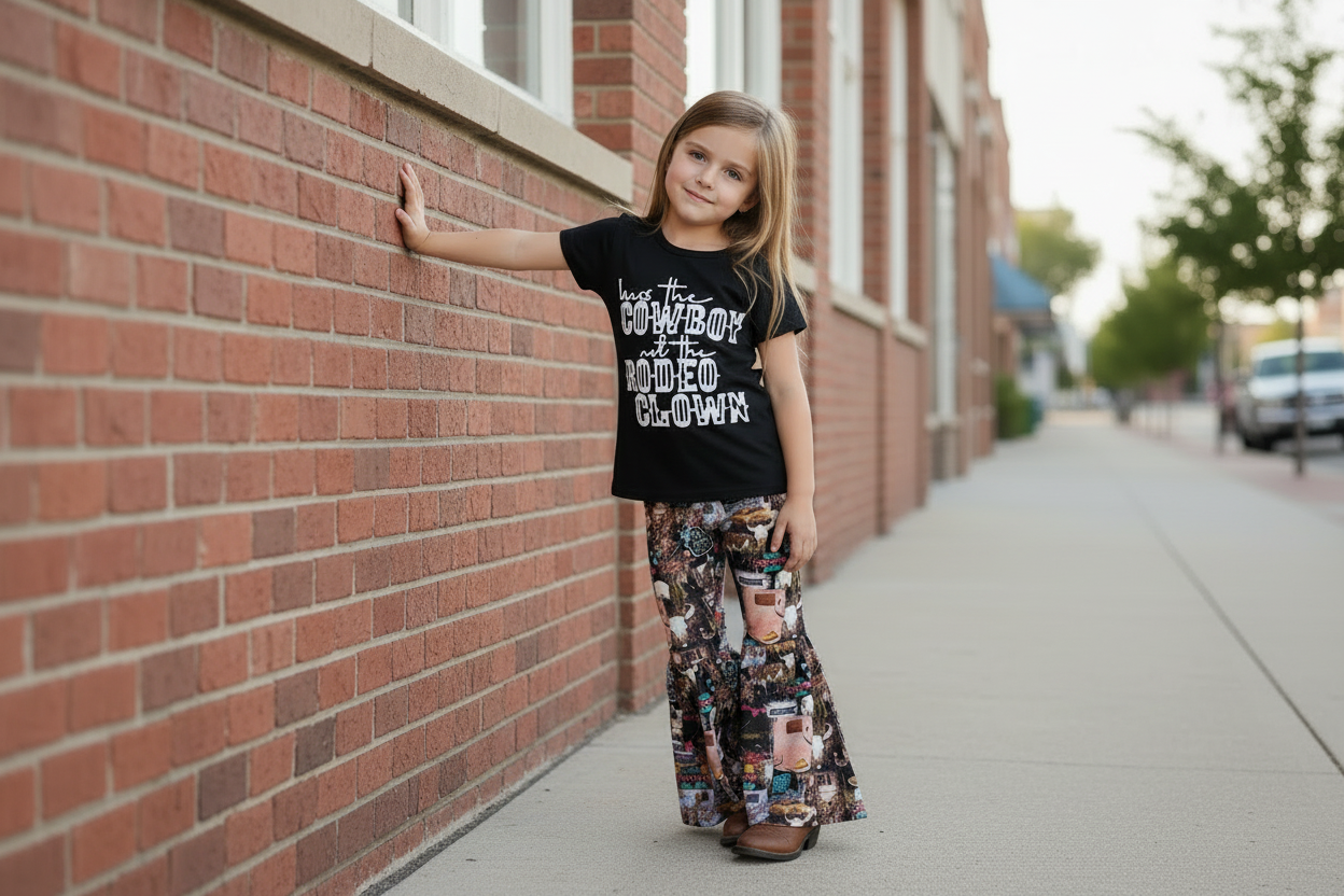 Young girl standing on main street wearing kiss_the_cowboy_bell_bottom_outfit_