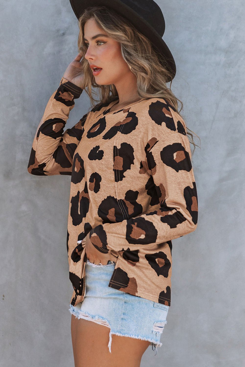 Leopard Print Long Sleeve Loose Top Womens Fall Top Animal Print Shirt - Razels