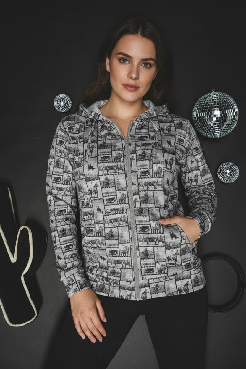 lightweight western zip up hoodie, cowgirl print shirt