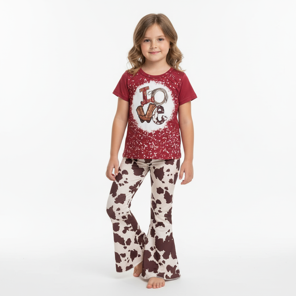 Red shirt with white splatter design and LOVE in western graphics and brown and white cowprint  pants on a 