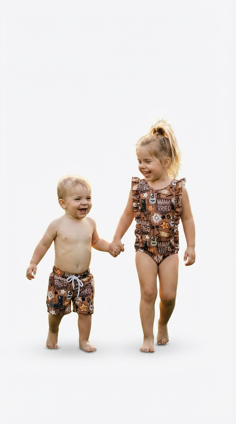 Two children wearing patterned swimwear on a white background