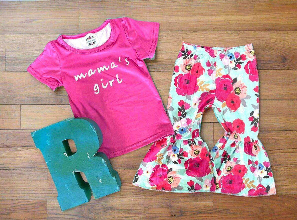 Mama's Girl Bell Bottom Outfit Hot Pink Mama's Girl Tshirt and Flower Bell Bottoms - Razels