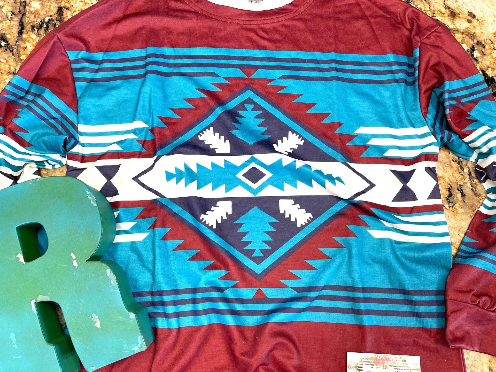 Maroon Aztec Lightweight Sweatshirt, Western Cowgirl Shirt - Razels