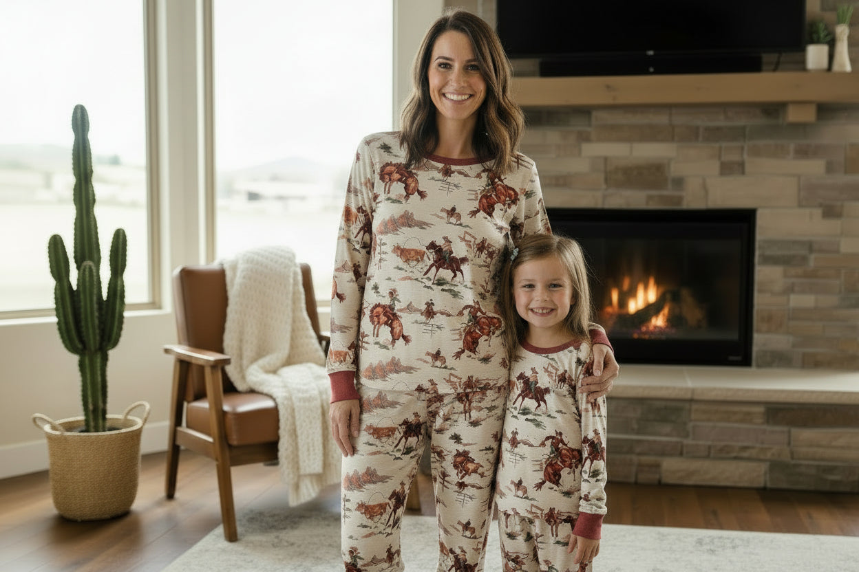 Vintage Cowboy Pajamas – Retro Western Family PJs | Classic Western Print Unisex Pajamas feature Bucking Broncs, Roping Steers, Steer Wrestling and more! These comfortable pjs are available in sizes for the whole family!