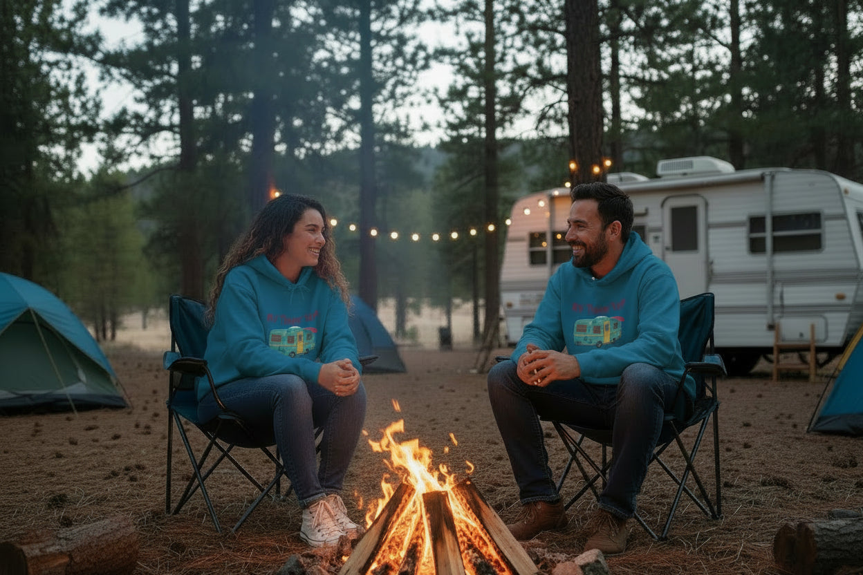 RV There Yet Camper Sweatshirts, Camping Gift, Retirement Gift, Personalized Family Name Camping Trip Sweatshirts, - Razels
