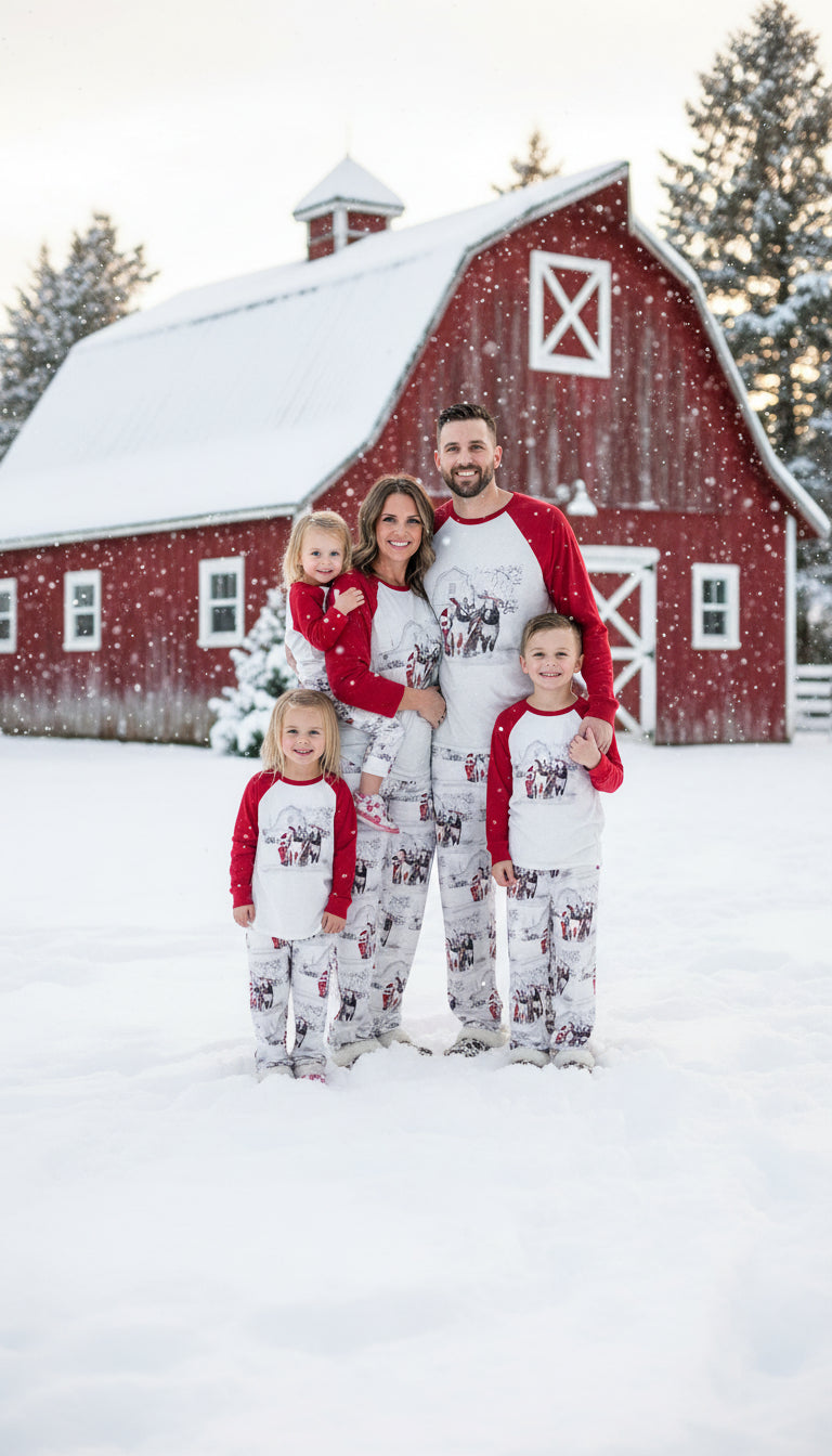 White Christmas pajamas featuring Santa at the reins of his horse-drawn sleigh! The top has red baseball-style sleeves. Comfortable fit, unisex family Christmas pajamas.
