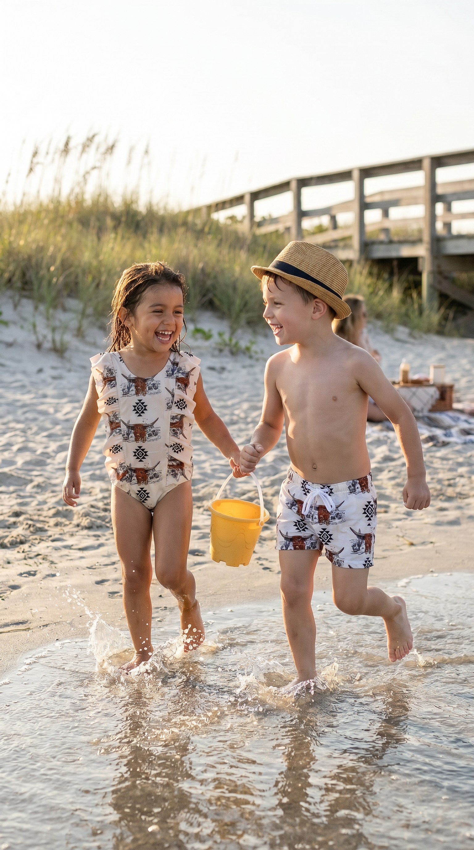 kids running in sandy beach rwearing matching western swimsuits white black and brown