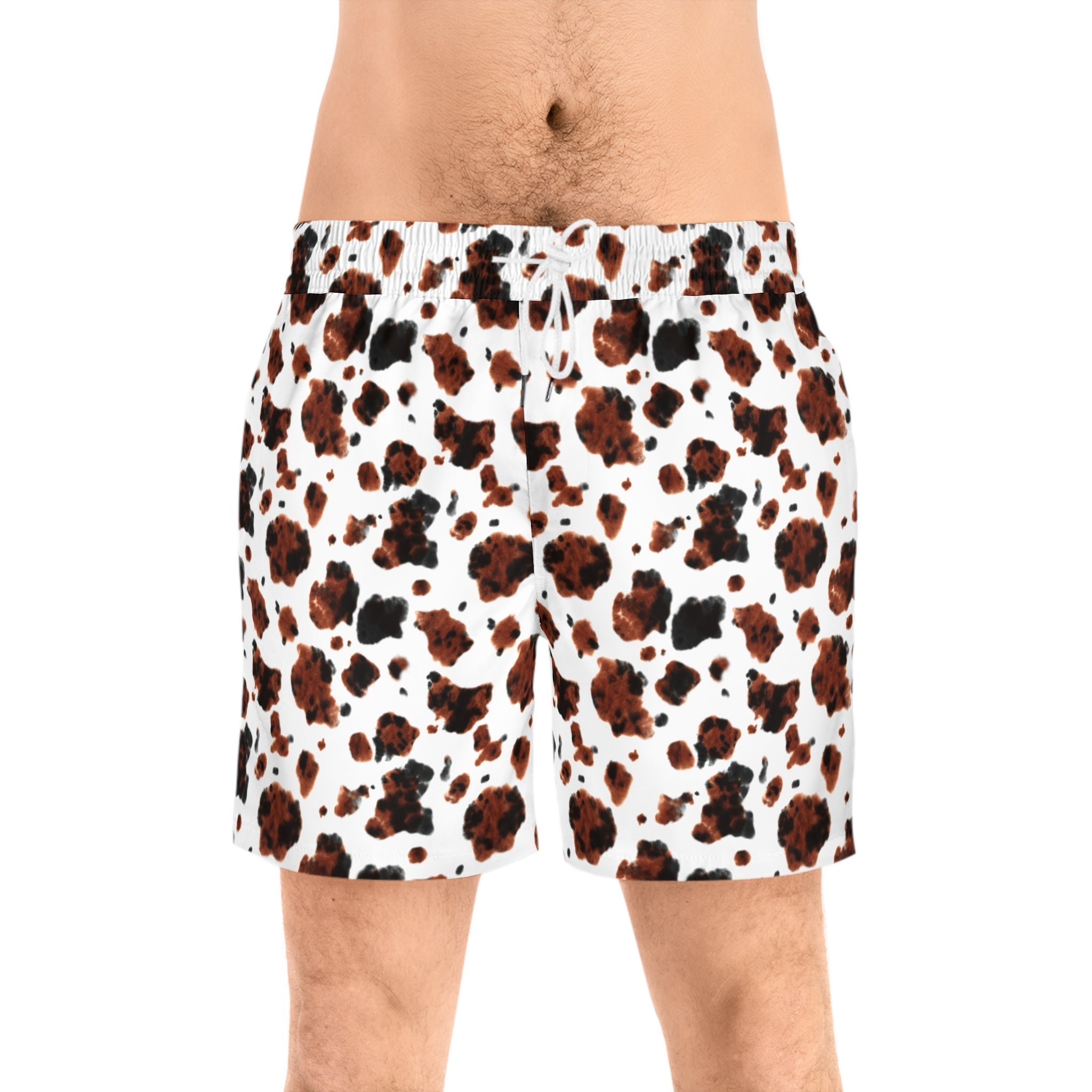 Mens Cow Print Swim Trunks, Western Swim Shorts, Summer Beachwear, Matching Family Swimsuit, Brown Brindle Cowprint Day Shorts - Razels