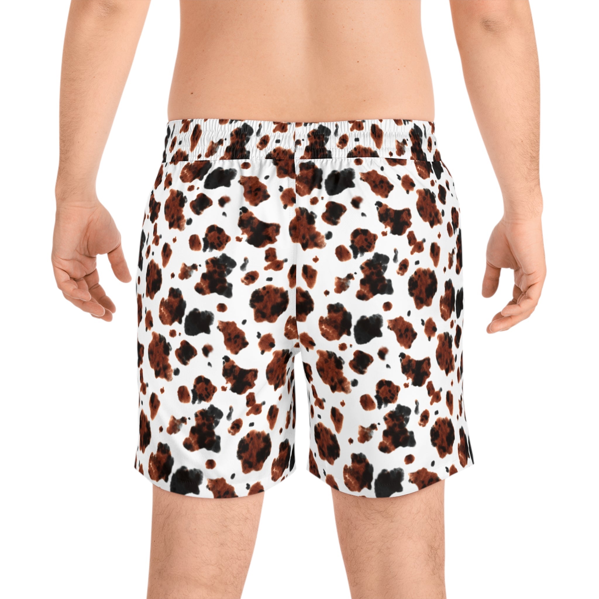 Mens Cow Print Swim Trunks, Western Swim Shorts, Summer Beachwear, Matching Family Swimsuit, Brown Brindle Cowprint Day Shorts - Razels