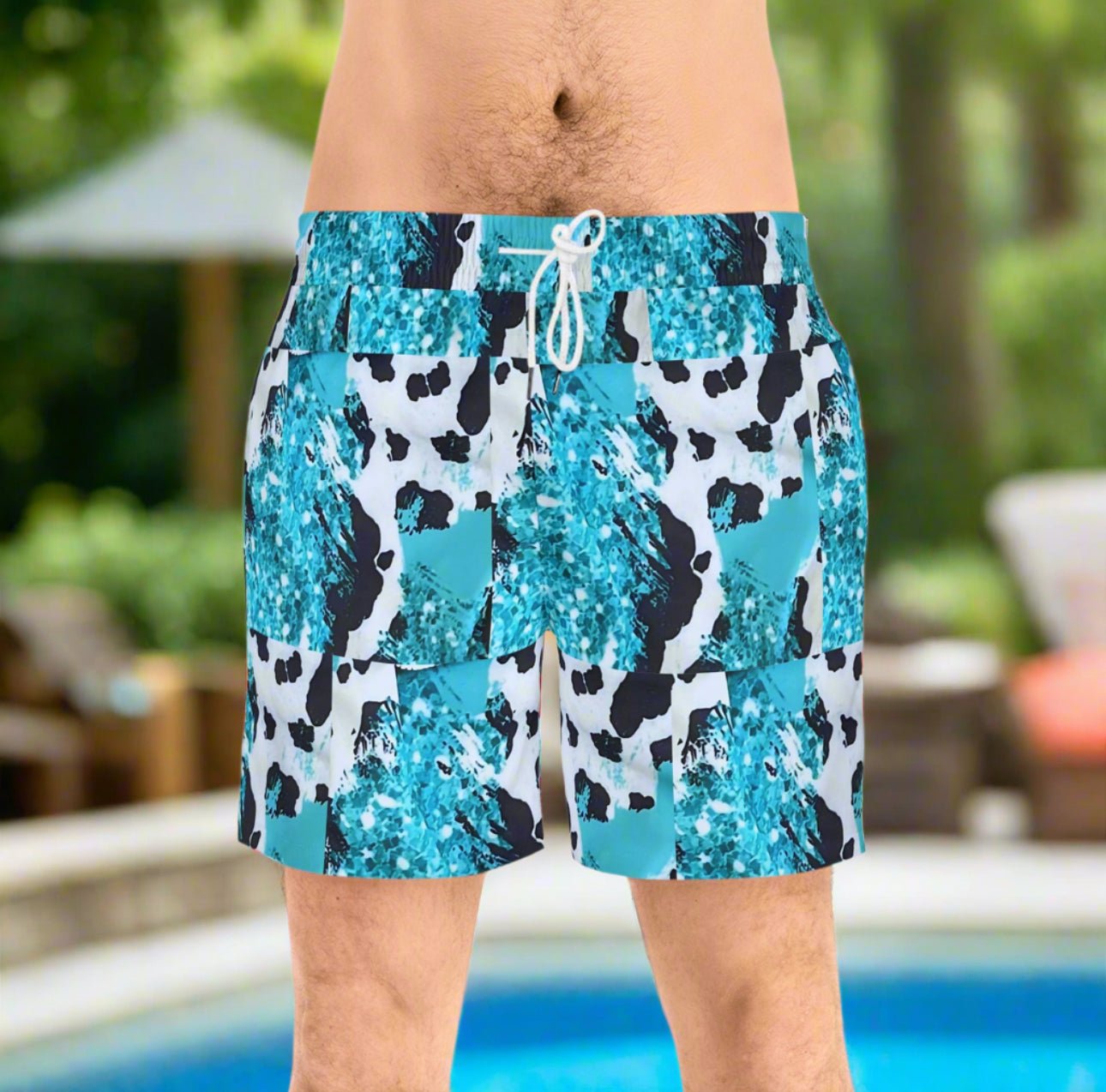 Mens Western Cowprint Swim Trunks, Turquoise Black White Swim Shorts, Matching Family Swimwear, Cowboy Beach Shorts, Made to Order - Razels