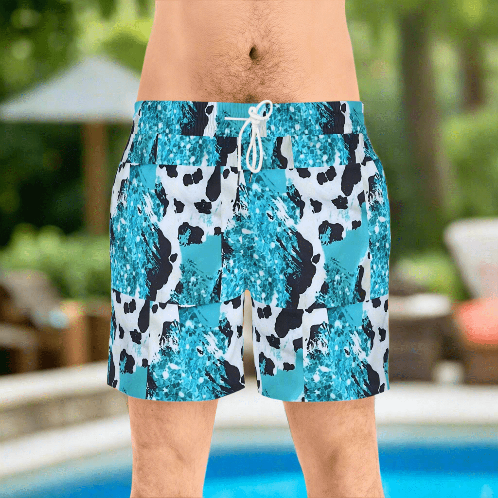 Mens Western Cowprint Swim Trunks, Turquoise Black White Swim Shorts, Matching Family Swimwear, Cowboy Beach Shorts, Made to Order - Razels