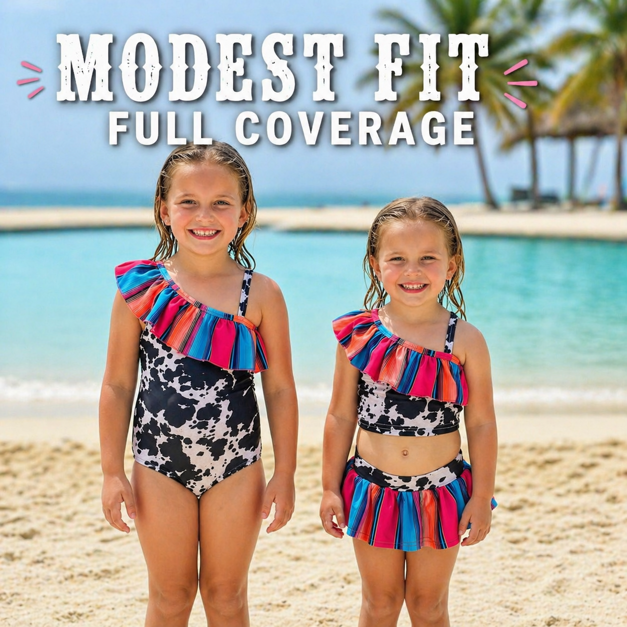Two girls wearing a 1 piece and matching two-piece swimsuit with colorful stripe ruffle details and black and white cowprint standing on a beach. overlay text reads modest fit full coverage