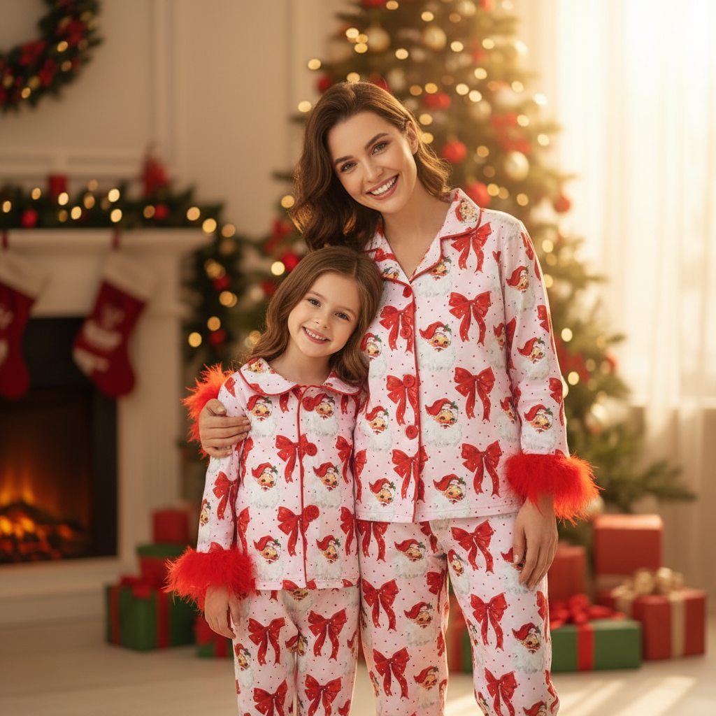 mom and daughter matching pajamas, red bows feathers and santa pjs