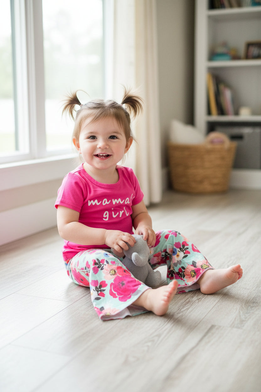 Just in Time for Mother’s Day – Now Only $10! 🌸
Limited Sizes Left: Only 3T & 4T Available!

Mama’s Girl Bell Bottom Outfit | Hot Pink T-shirt & Mint Floral Bell Bottoms

Celebrate spring and Mother’s Day in style with this adorably fierce outfit for your mini! Featuring a bold hot pink “Mama’s Girl” tee and twirl-worthy mint green floral bell bottoms, this set is made for the sassiest little sidekick.