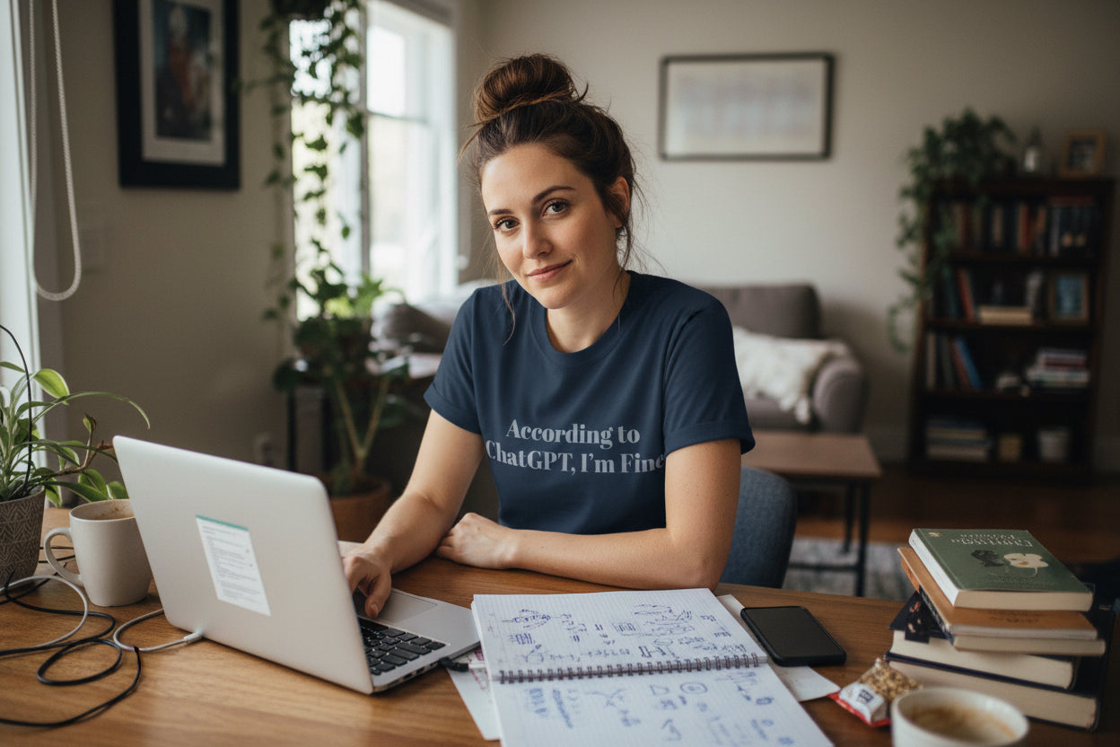 Navy blue t-shirt with text 'According to ChatGPT, I'm Fine' on a white background