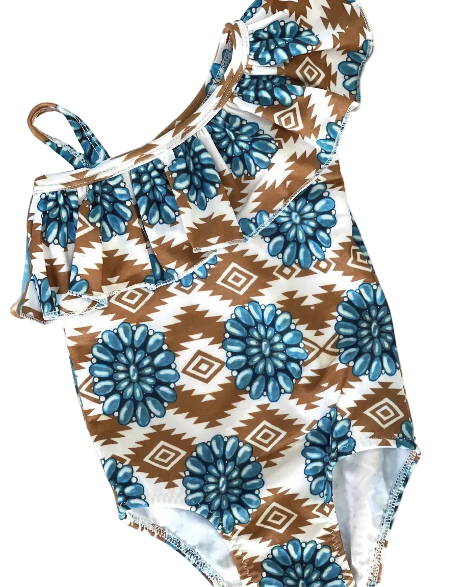 onepiece westerb turquoise concho squshblossom swimsuit on a white background