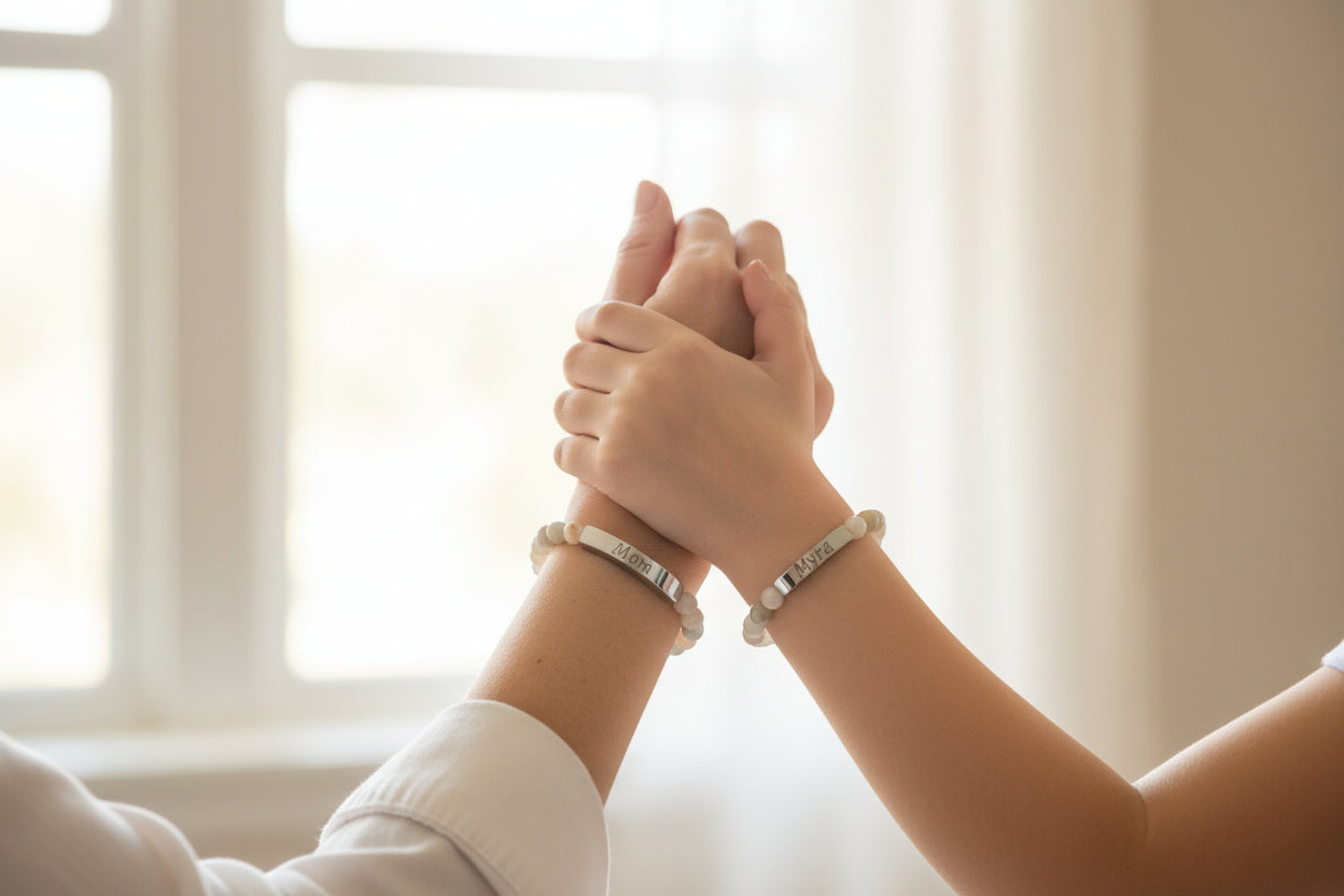 Beaded bracelet with a nameplate on a white background