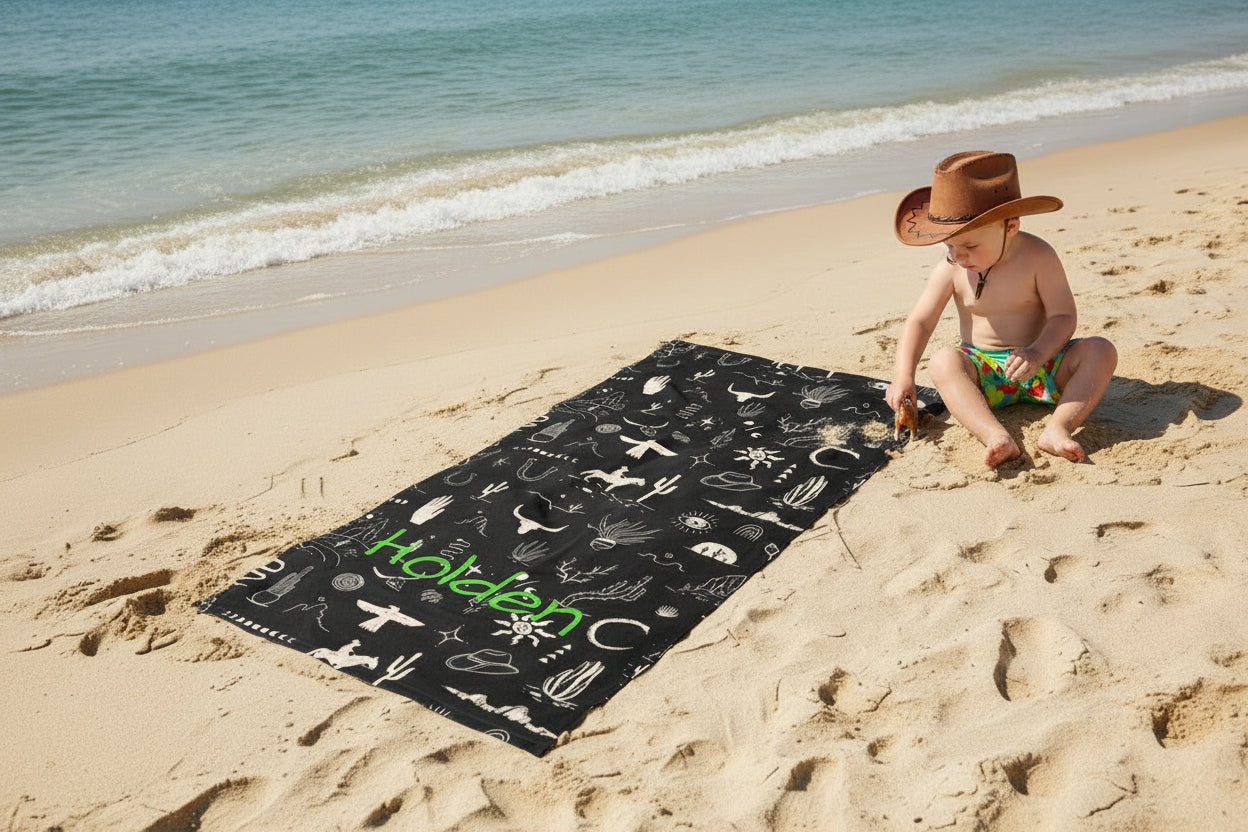 Personalized Kids Cowboy or Cowgirl Towel Turquoise Western Beach & Bath Towel Custom Name Gift for Little Rodeo Fans -Razels