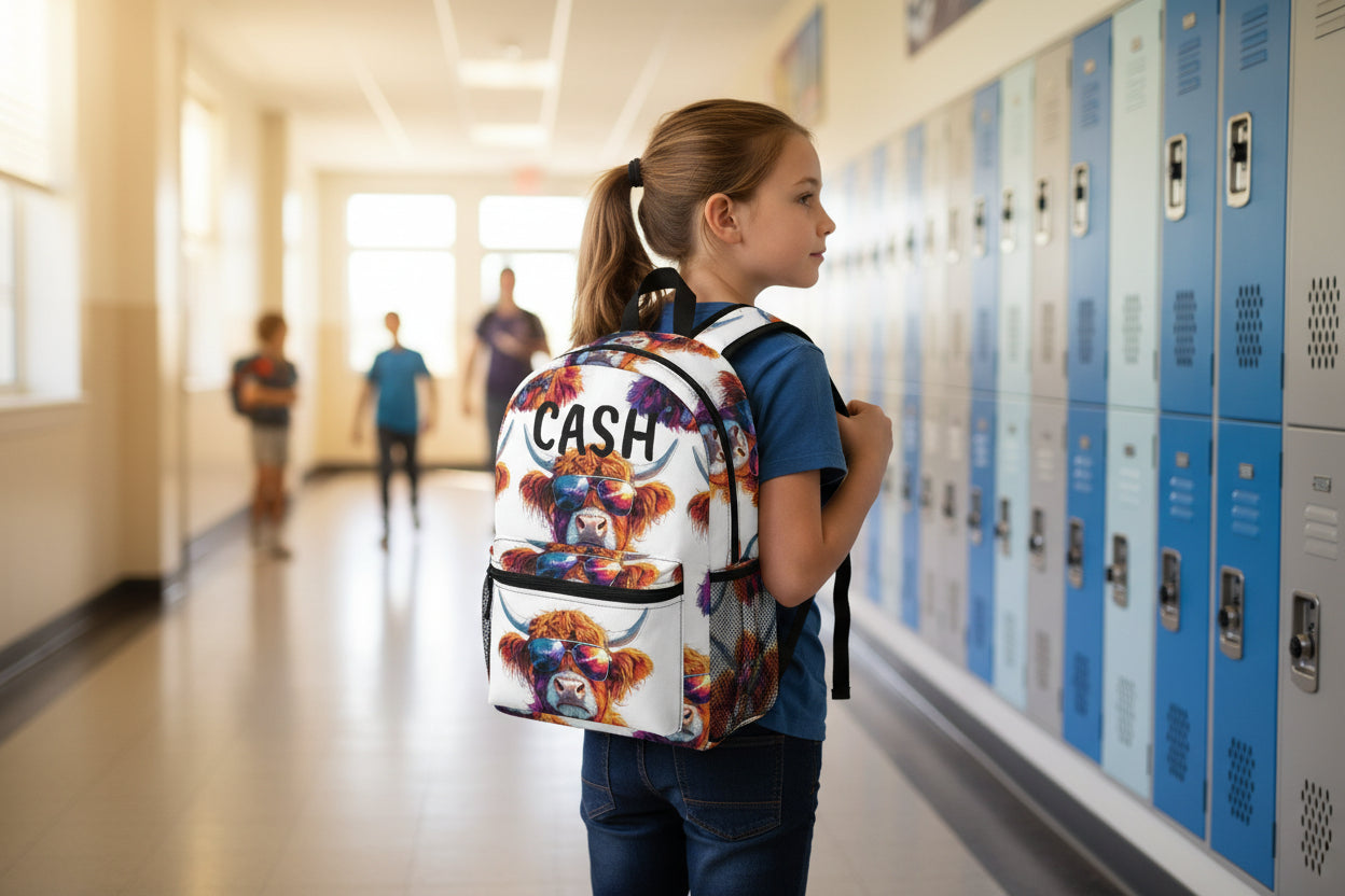 personalized highland cow Backpack worn by school age girl. ships free at Razels