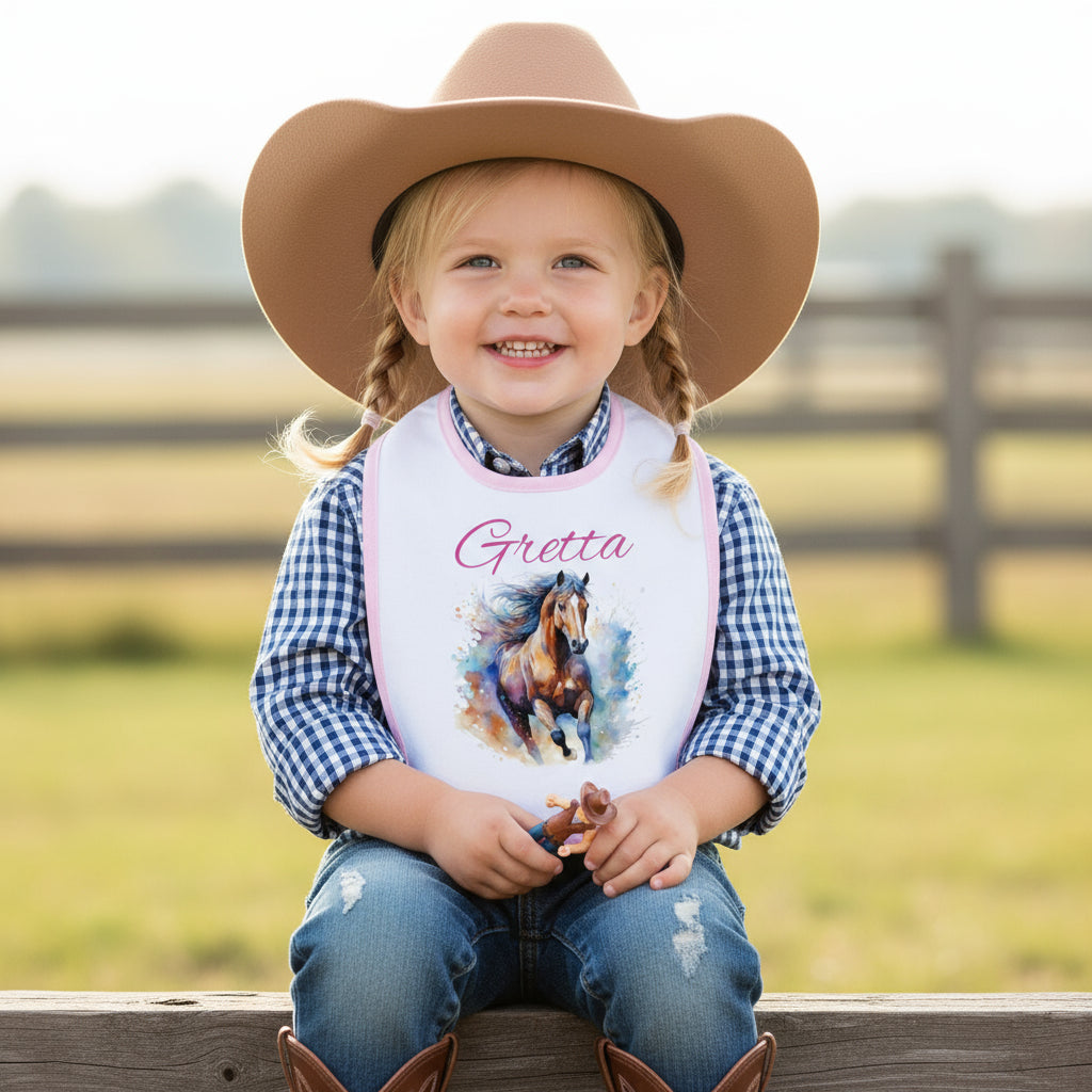 Custom Baby Horse Bib - Personalized Watercolor Horse Jersey Bib for Infants, Unique Baby Shower Gift, -Razels