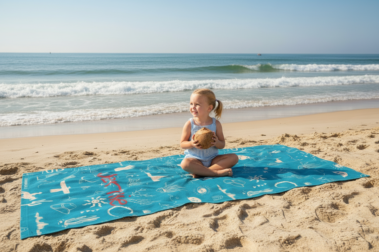 Blue towel with white desert-themed patterns and red text on a beige sand background