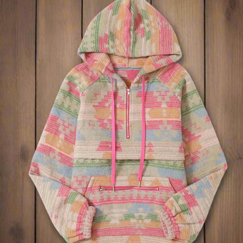 Pink Aztec Hoodie - Western Spring Pullover - Cowgirl Sweatshirt for Women - Razels