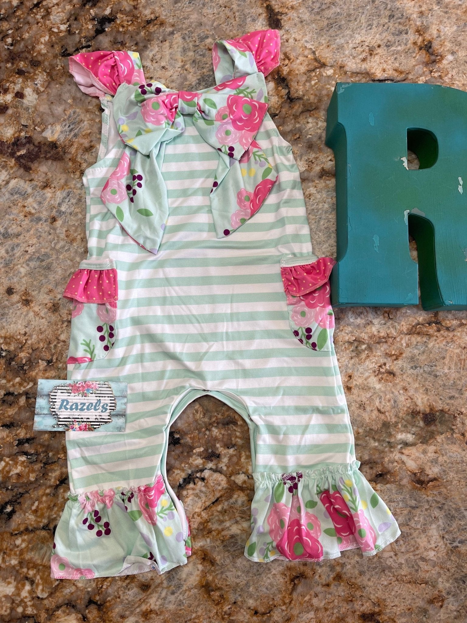 PINK FLORAL Jumpsuit ROMPER Mint Striped Summer Jumper - Razels