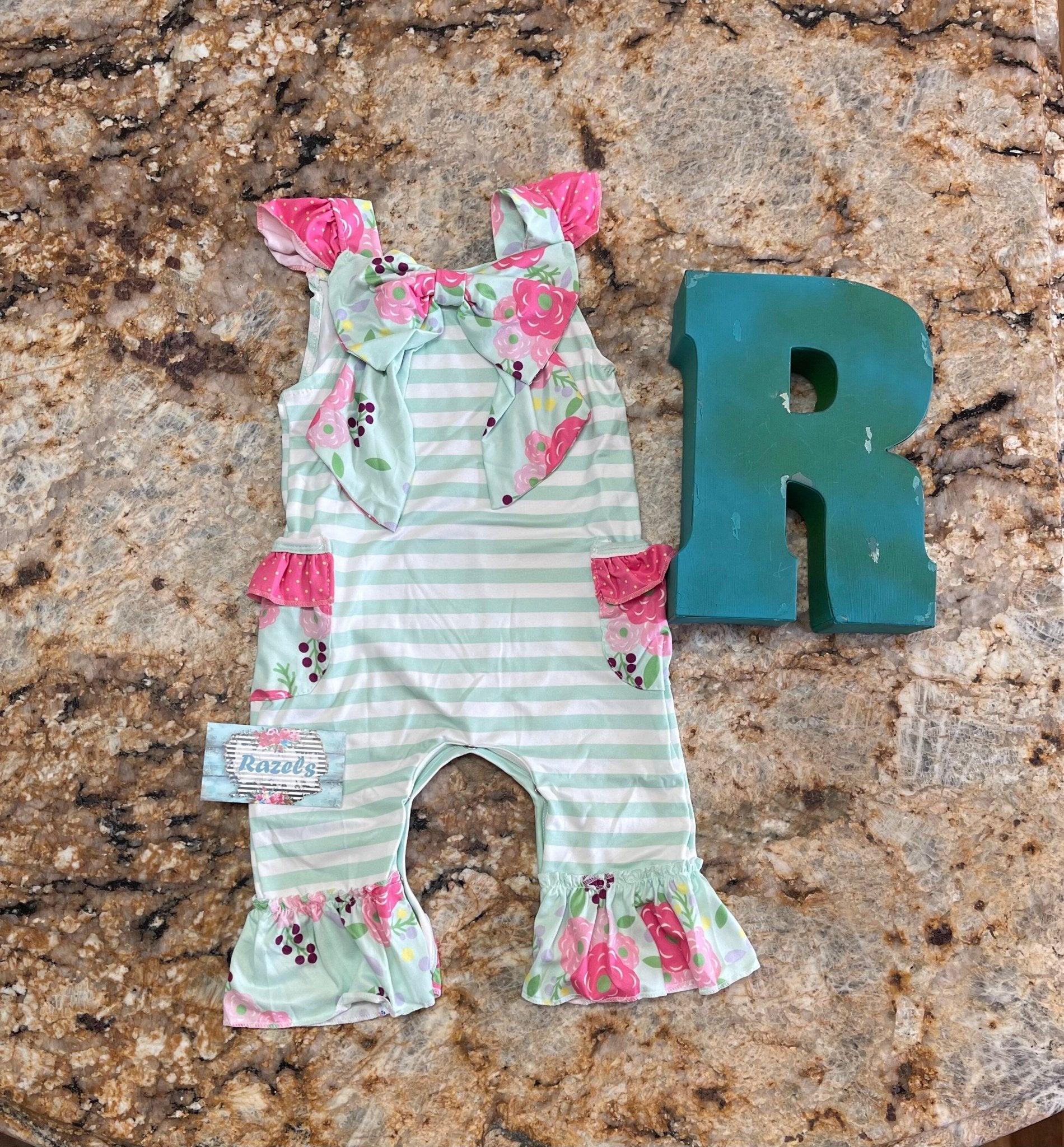 PINK FLORAL Jumpsuit ROMPER Mint Striped Summer Jumper - Razels