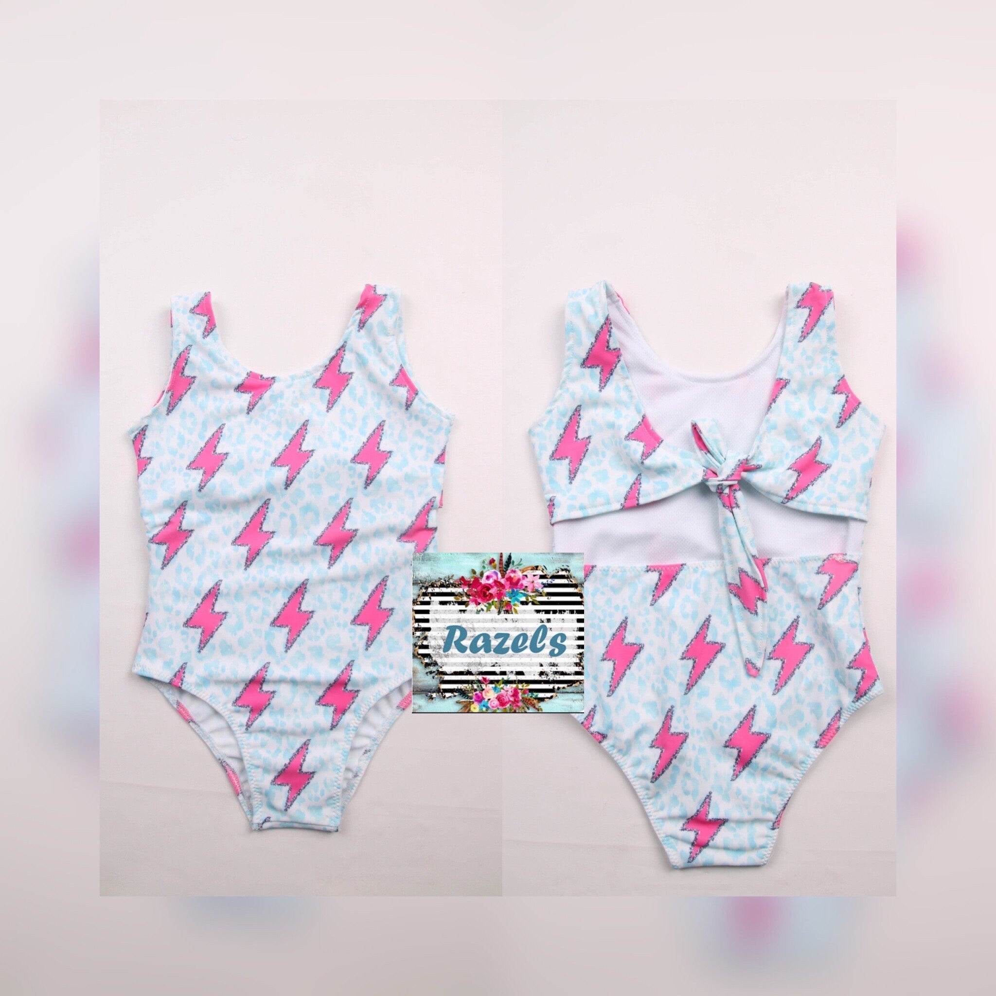 Pink Lightning Thunderbolt Swimsuit | Turquoise Mint Cheetah Print | Western Girls Tie Swimsuit - Razels