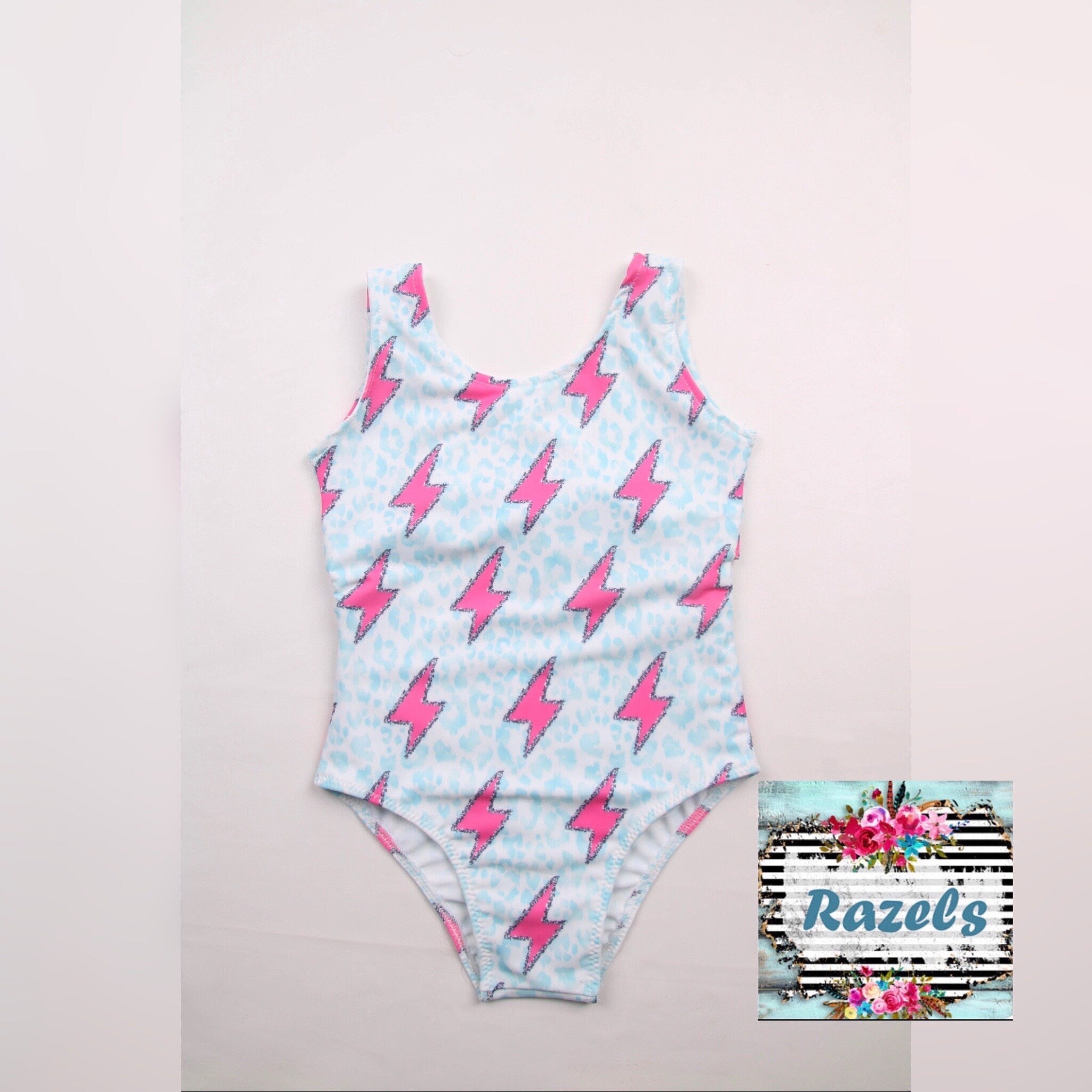 Pink Lightning Thunderbolt Swimsuit | Turquoise Mint Cheetah Print | Western Girls Tie Swimsuit - Razels