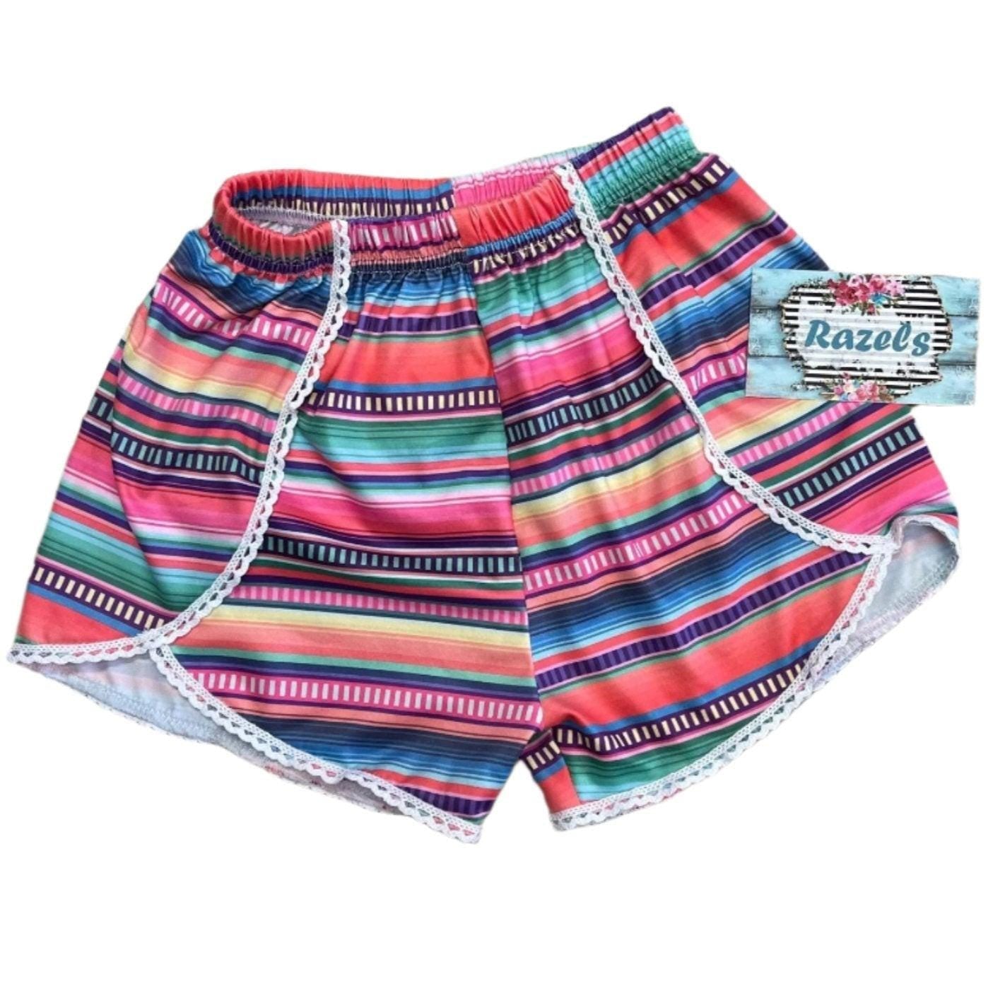 Pink Stripe Serape Shorts – Lightweight Summer Shorts with Lace Hem - Razels