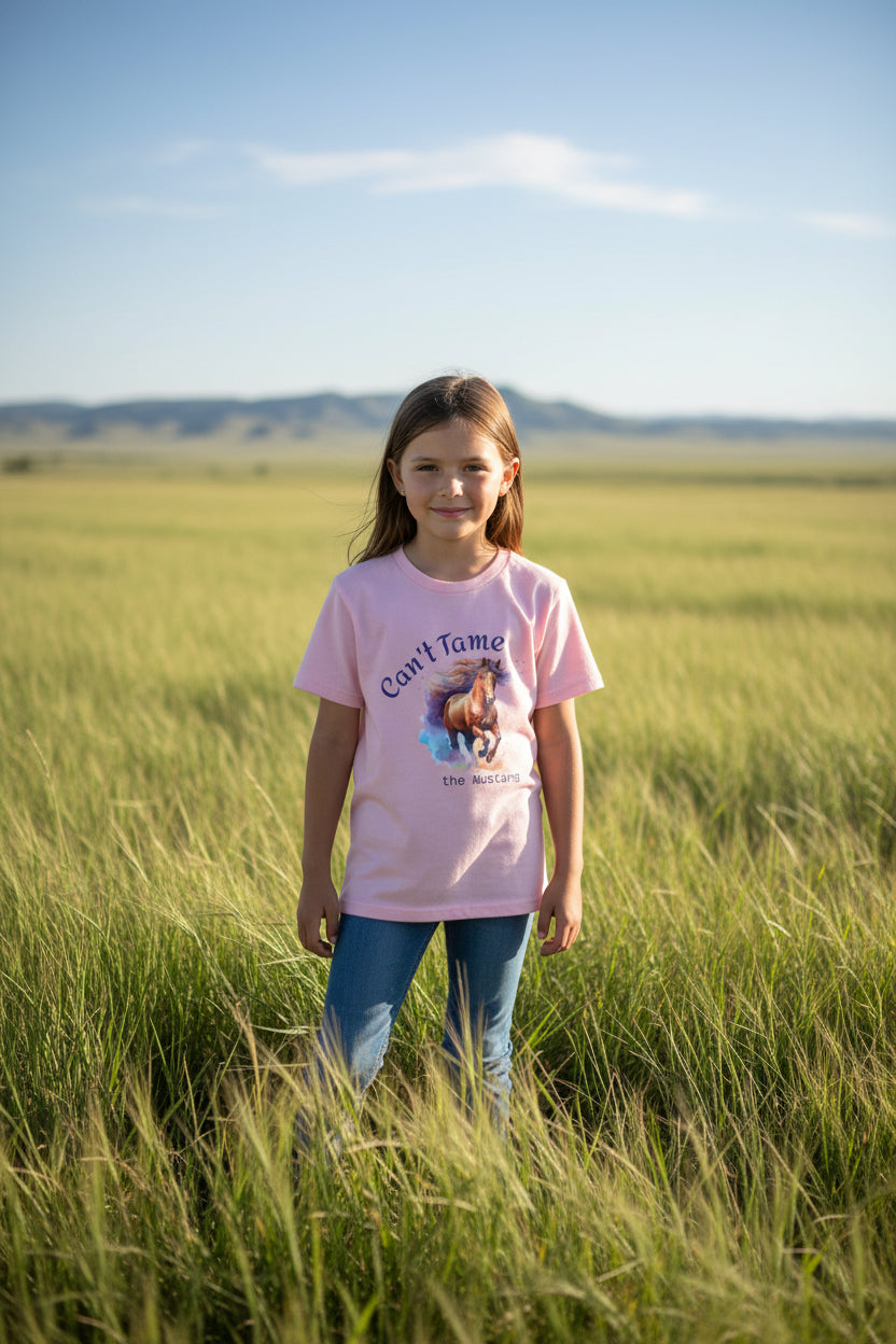 Pink t-shirt with a horse graphic and text on a white background