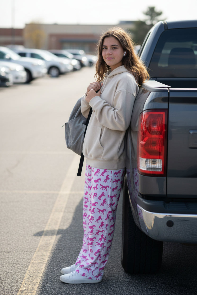 Pink Pony Club Pajama Pants, Hot Pink Horse Cowgirl Pajamas -Razels