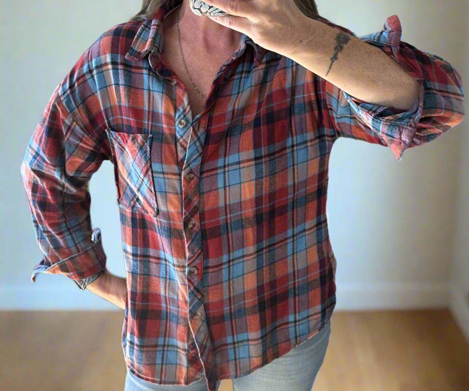 Women's Plaid Shirt - Oversized Plaid Button-Down for Effortless Spring Style. Designed for comfort and style, this oversized women's plaid button-up is ideal for pairing with graphic tees, bodysuits, or leggings. Whether you're running errands or heading out for a casual day. 
✔️ Relaxed Oversized Fit – Comfortable and flattering, perfect for layering.
Choose from red plaid or orange plaid.
✔️ Premium Cotton Fabric – 100% cotton, breathable, and soft for all-day wear. SHIPS FREE FROM MONTANA